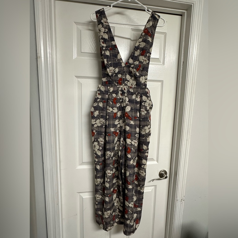 Lush Floral Plaid Jumpsuit - Black and Red